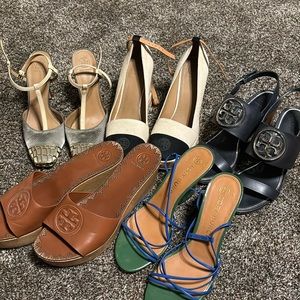 Five pairs of Tory Burch heels, wedges, and sandals sold as a set